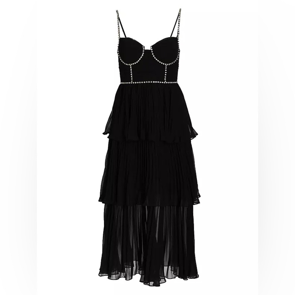 Self-Portrait black pleated diamante crystal bustier tiered midi chiffon dress 6